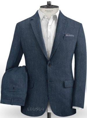 Офисный костюм глубокого синего цвета из шелка, шерсти и льна