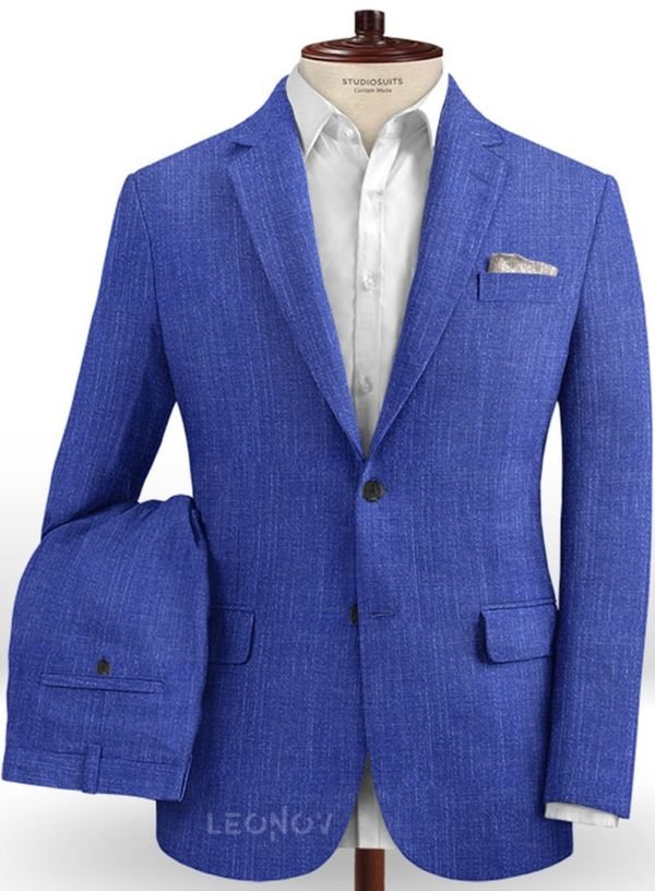 Ярко-синий деловой костюм из шелка, шерсти и льна