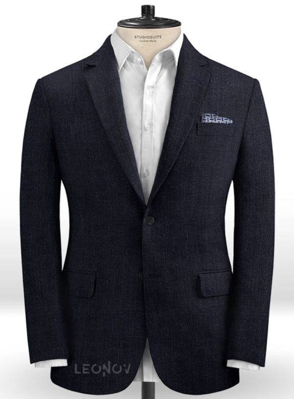 Темно-синий офисный пиджак из шелка, шерсти и льна – Solbiati