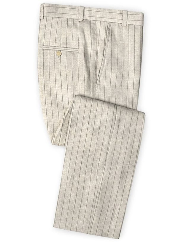 Бежевые брюки в меловую полоску из шелка, шерсти и льна – Solbiati