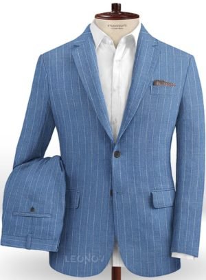 Голубой костюм в меловую полоску из шерсти, льна и шелка