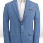 Голубой пиджак в меловую полоску из шерсти, льна и шелка – Solbiati