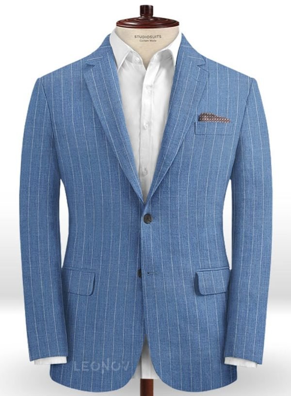 Голубой пиджак в меловую полоску из шерсти, льна и шелка – Solbiati