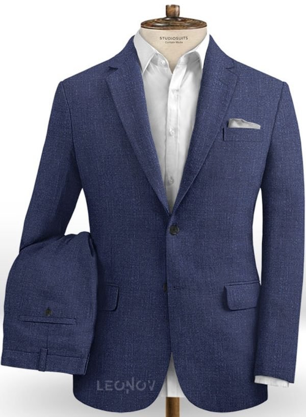 Повседневный деловой синий костюм из шелка, шерсти и льна