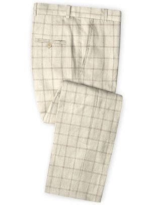 Бежевые брюки в клетку из шерсти, льна и шелка – Solbiati